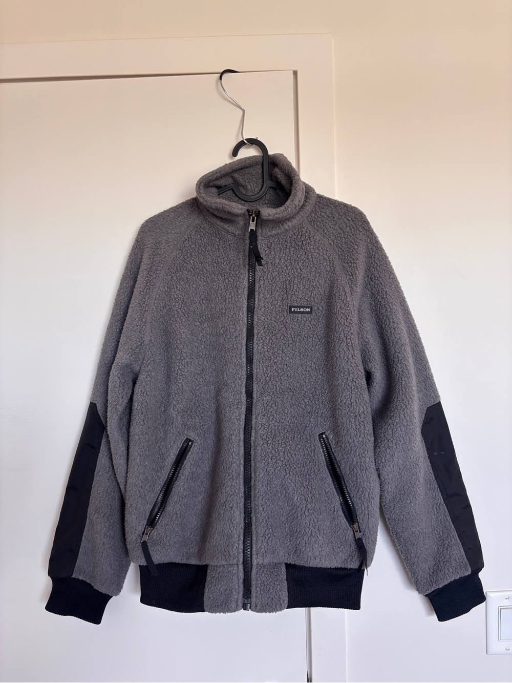 Filson Gray Sherpa Jacket with Black Elbow Panels